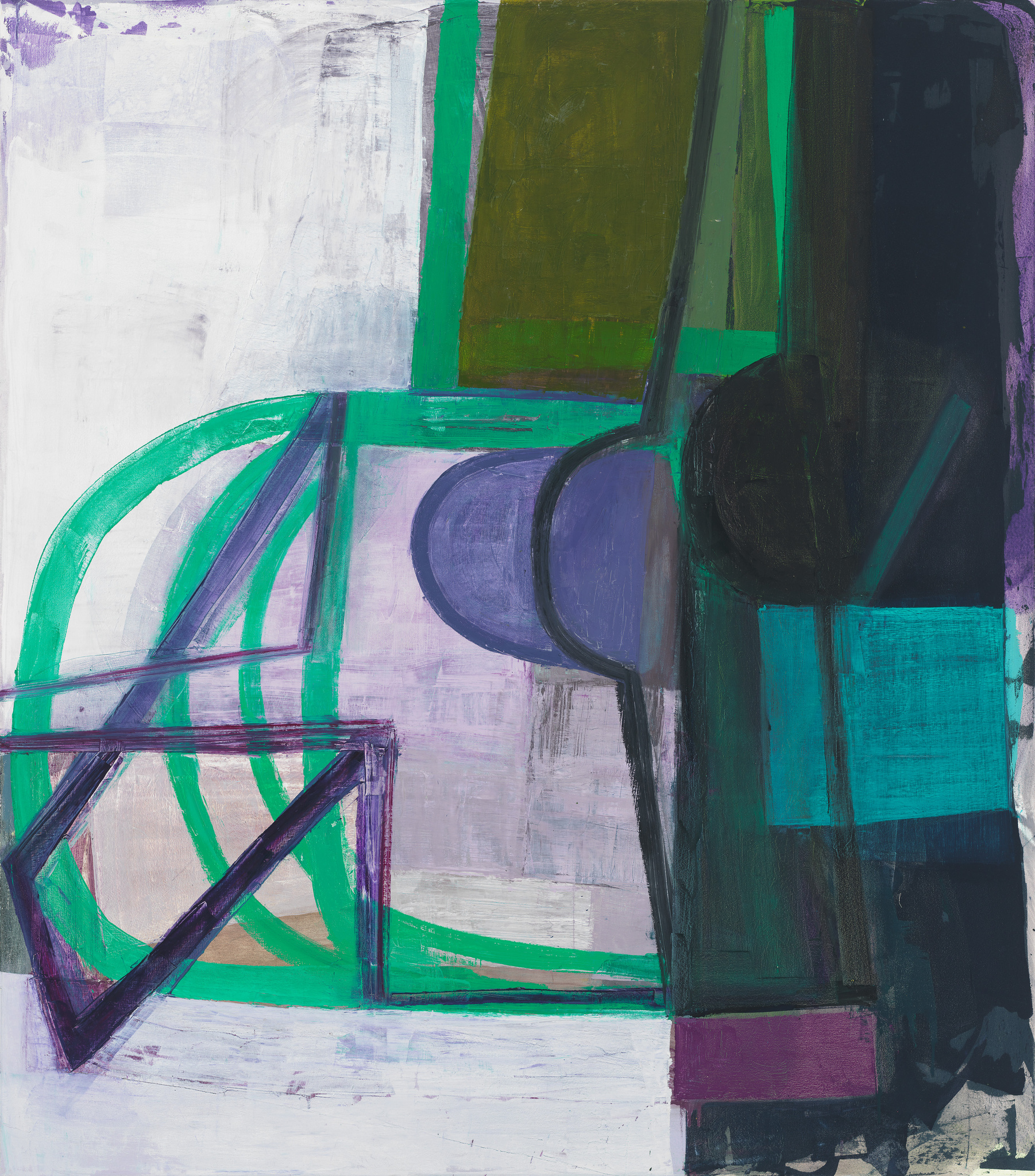 Abstract painting featuring geometric and curved shapes with a mix of bold and muted colors, including green, purple, black, and white. The composition suggests a fragmented and layered space with a dynamic sense of movement.