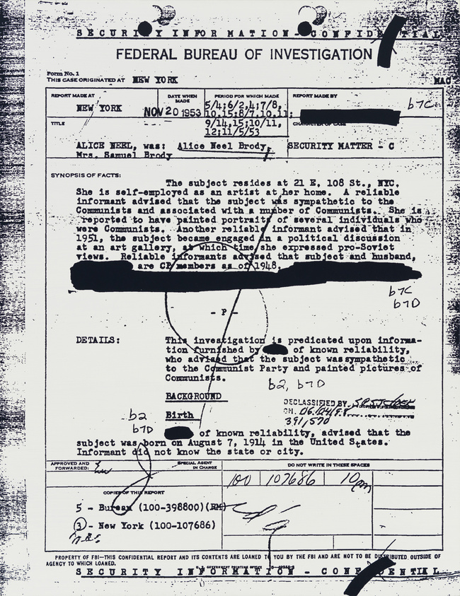 A black and white photocopy of an old, partially redacted FBI report with various stamps and handwritten notes, including the title "FEDERAL BUREAU OF INVESTIGATION" at the top. The document appears to be a surveillance or investigation report on an individual, with some text obscured for confidentiality.