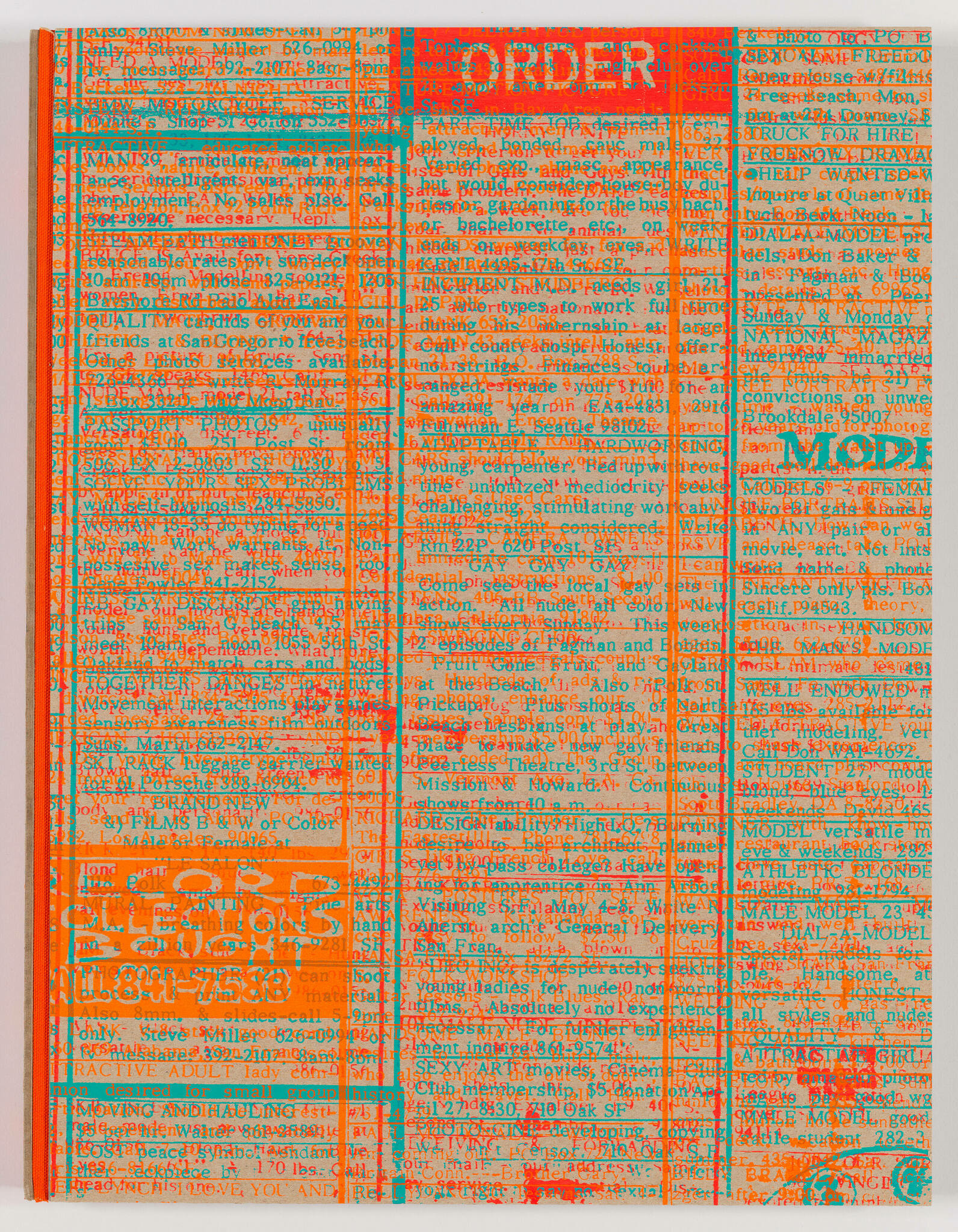 A densely packed collage of overlapping text and images in bright orange and red hues, with words such as "ORDER" and "MODE" prominently displayed in larger fonts, creating a visually busy and texturally complex composition.