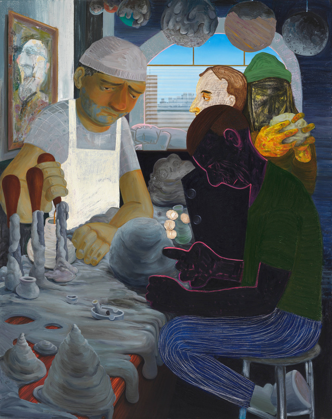 A vividly colored painting depicting two figures seated at a table covered with various abstract objects. The figure on the left, wearing a white apron and a cap, appears contemplative, gazing down at the objects, which resemble melted candles and coins. The figure on the right, outlined in pink, is shown in profile with a green head covering and hands painted with bright yellow and orange hues, suggesting movement or warmth. The background features a window with a cityscape, and the walls are adorned with abstract art and floating, textured spheres. The scene conveys a sense of surreal activity and introspection.