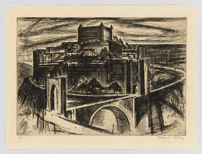 A detailed black and white etching depicting a fortified castle on a hill with a large bridge in the foreground. The sky is filled with expressive, sweeping lines suggesting movement, and the landscape appears rugged. The artist's signature is visible in the bottom right corner.