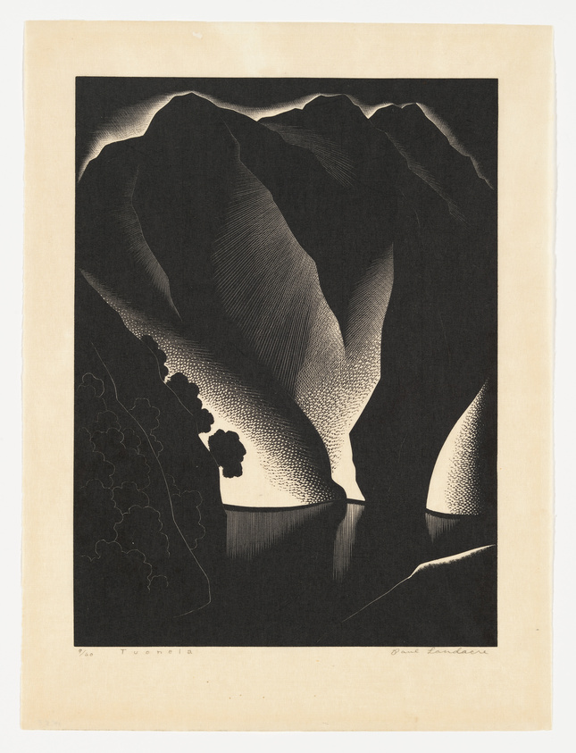 A black and white print depicting a stylized mountainous landscape with pronounced shading and textural details. The foreground includes silhouetted tree outlines, and the piece is signed by the artist in the lower right corner with the title "Tuonela" and a fraction indicating a limited print edition on the bottom left.