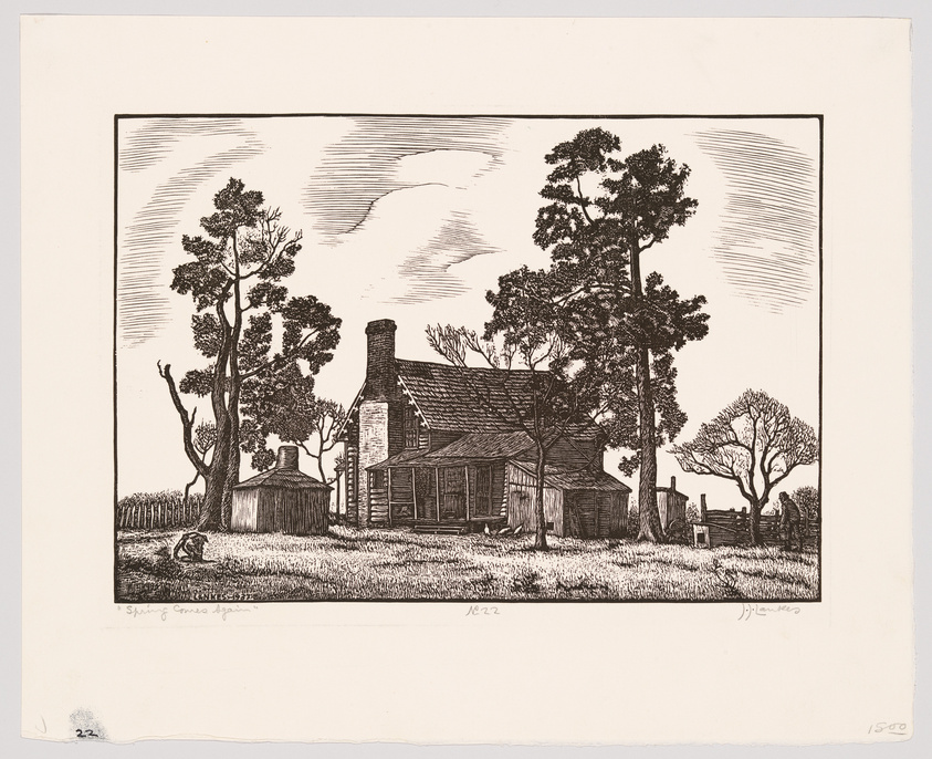 A black and white etching depicting a rustic countryside scene with a small, traditional house surrounded by tall trees and a wooden fence. The sky is filled with light clouds, and there is a sense of tranquility in the rural setting. The artwork includes fine details in the textures of the trees, grass, and architecture, conveying a serene, pastoral atmosphere.