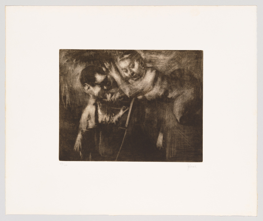 A monochromatic etching depicting two figures, one playing a violin and the other appearing to listen intently. The artwork has a dark, textured background and is signed by the artist in the lower right corner, with an edition number on the lower left. The etching is centered on a larger, off-white paper canvas.