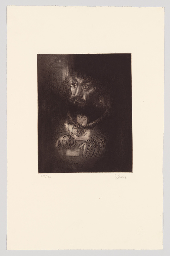 An etching of a bearded man's portrait with a contemplative expression, centered on a square plate with a dark background, signed and numbered at the bottom, presented on a larger sheet of paper with ample margins.