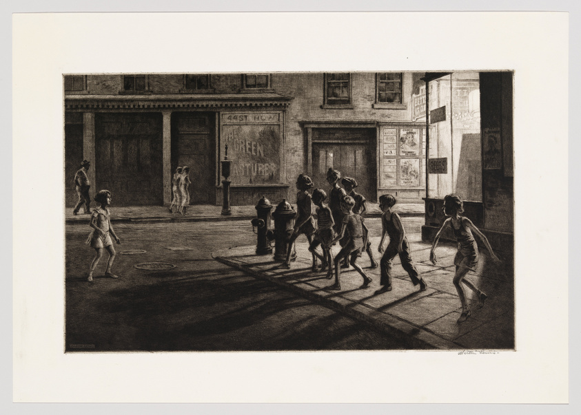 A black and white illustration depicting a lively street scene with children playing hopscotch and others walking on the sidewalk. The background features a storefront with signs, including one that reads "The Green Tuber," and posters visible in a window. The play of light and shadow creates a dramatic effect, highlighting the children's activity and the urban environment.