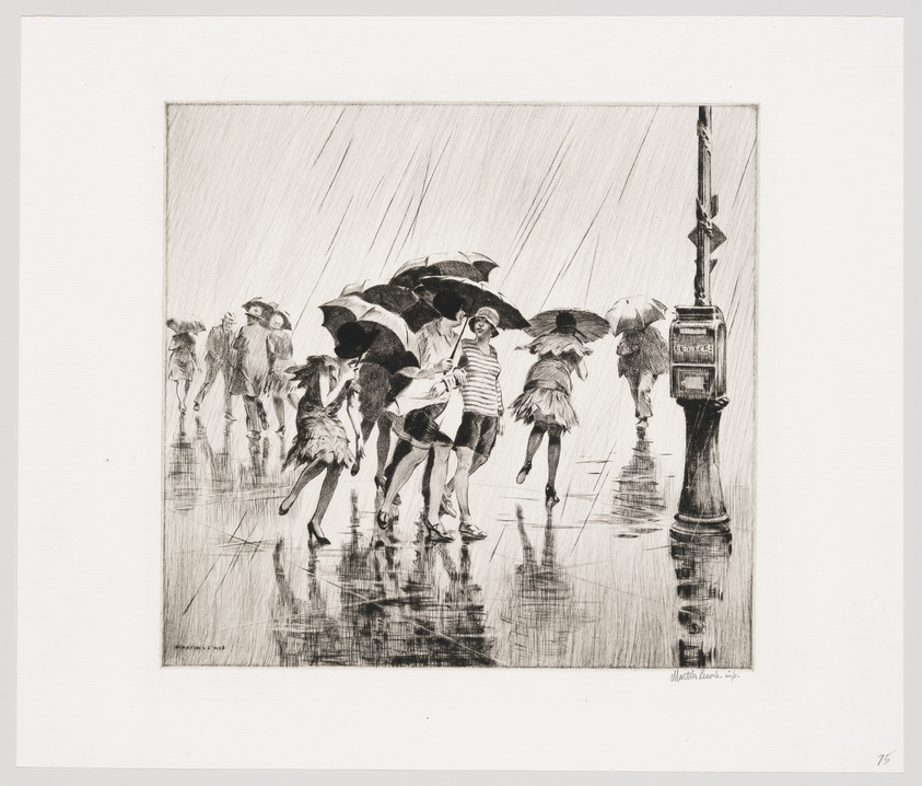 A black and white etching depicting a group of people walking in the rain, with many holding umbrellas. The scene shows reflections on the wet pavement, and there's a street lamp on the right side. The artwork conveys a sense of movement and the hustle of city life during inclement weather.