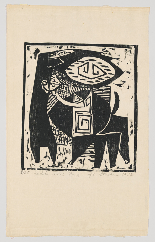 A black and white expressionist woodcut print featuring abstract and geometric shapes forming what appears to be a stylized figure or totem. The artwork is heavily contrasted with dark areas and intricate patterns. There is handwritten text at the bottom margin indicating the edition number and possibly the title or artist's name, dated 1933.