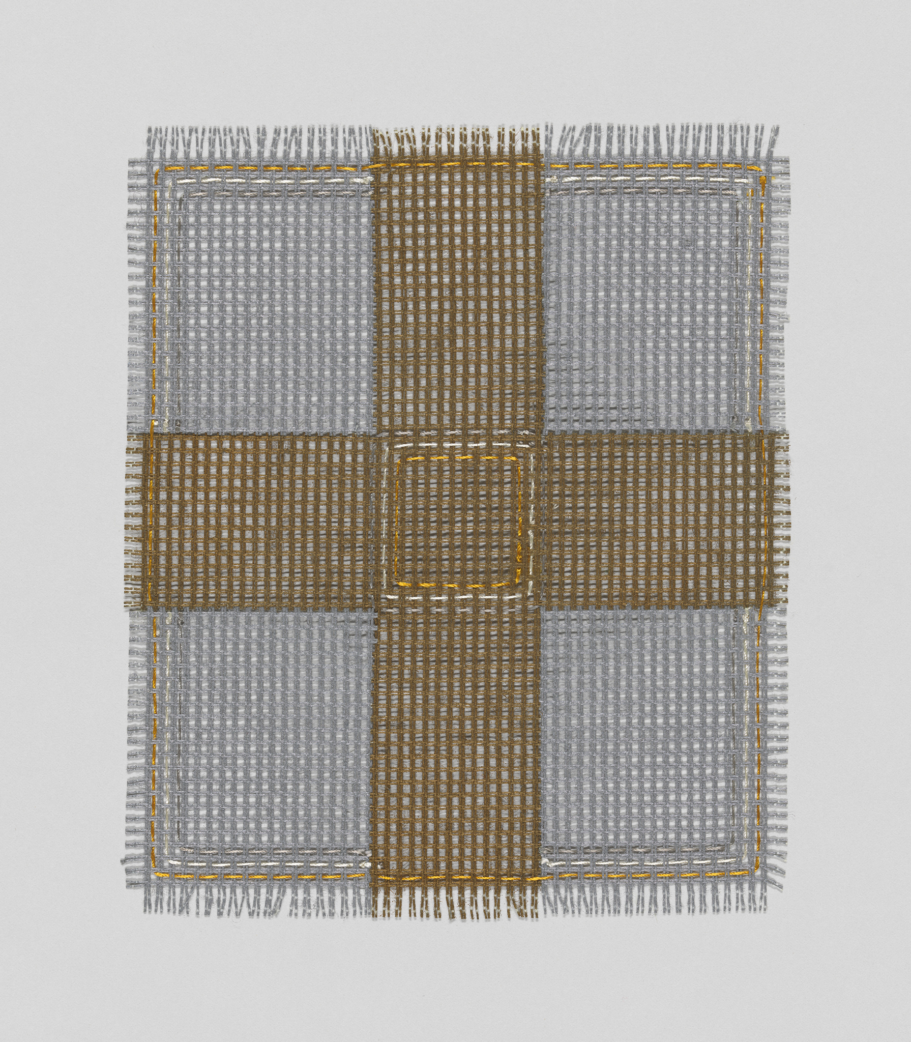 A digital illustration of a textured fabric with a checkered pattern, featuring alternating squares of grey and brown with fringed edges.