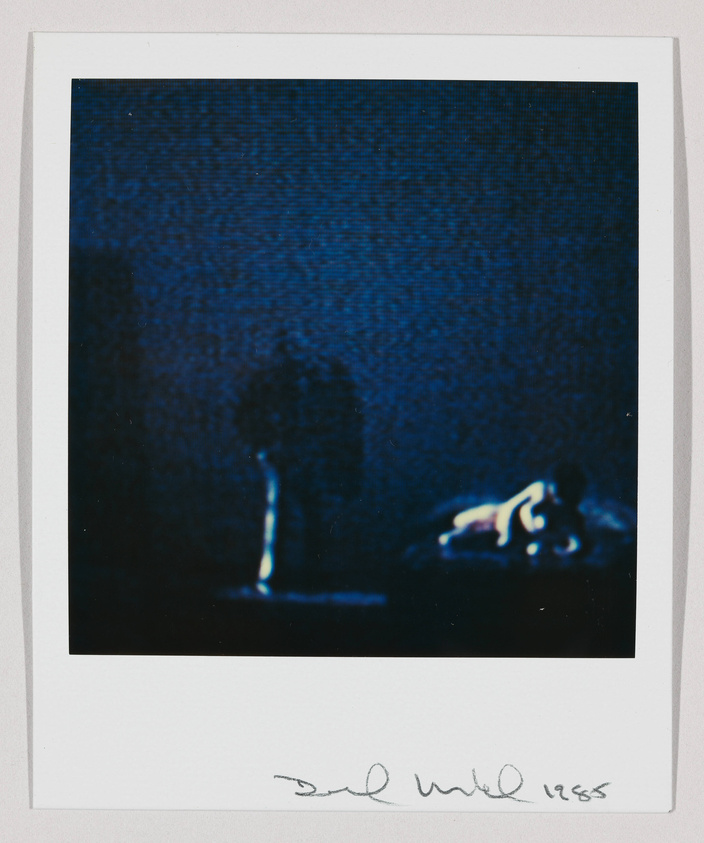 A blurry Polaroid-style photograph with a dark blue background featuring a faintly illuminated object resembling a tree or plant on the left and a small, indistinct light source on the right. The image has a white border with a handwritten signature and the year "1985" at the bottom.