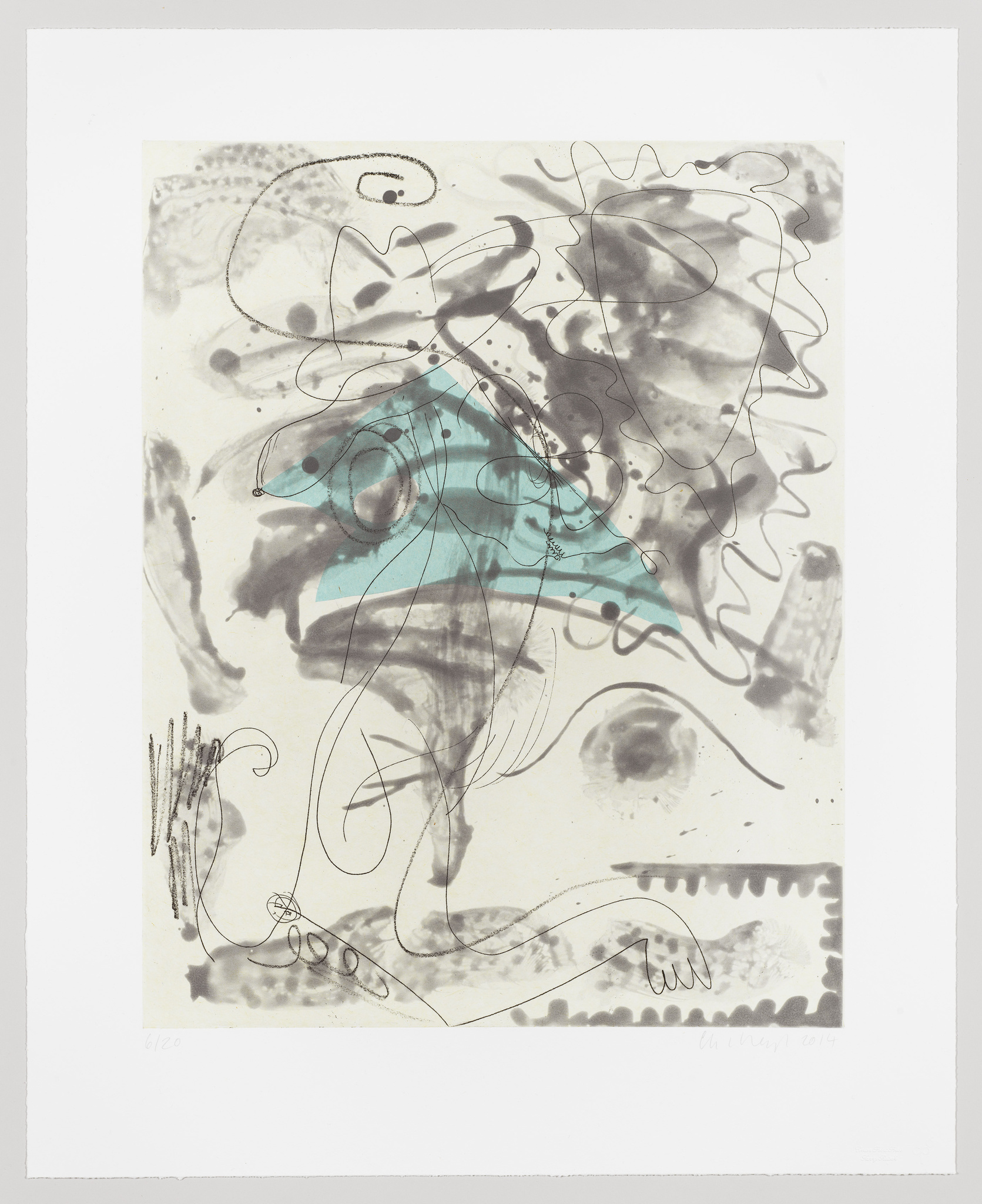 An abstract artwork featuring a mix of black squiggly lines and shapes on a white background with a central area of translucent blue wash. The composition includes various forms that resemble loops, spirals, and organic shapes, with some areas showing more concentrated ink or paint, suggesting depth and movement. The image also contains some elements that appear to be hand-drawn, such as what might be interpreted as a rough sketch of a hand in the lower right corner. The piece is numbered 6/20 and signed by the artist in the lower margin, indicating it is part of a limited series.