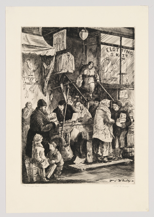 A detailed black and white etching depicting a bustling indoor market scene with various figures engaged in shopping and conversation. The foreground shows a child holding a bucket, while adults around him are examining goods and interacting with vendors. Clothing items are displayed in the background with a sign that reads "CLOTHING." The artwork is signed by the artist in the lower right corner.