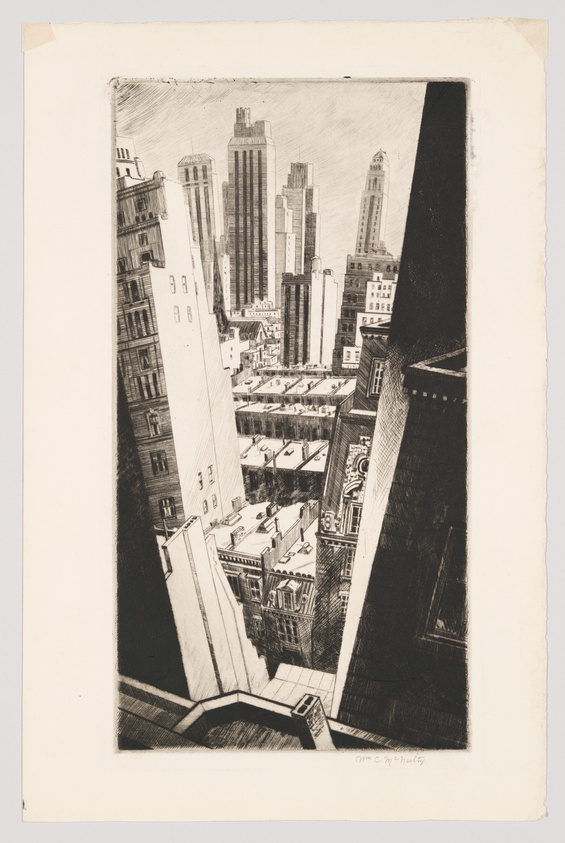 A black and white etching depicting a dramatic bird's-eye view of a dense urban cityscape with towering skyscrapers and closely packed buildings, showcasing a mix of architectural styles and the play of light and shadow.