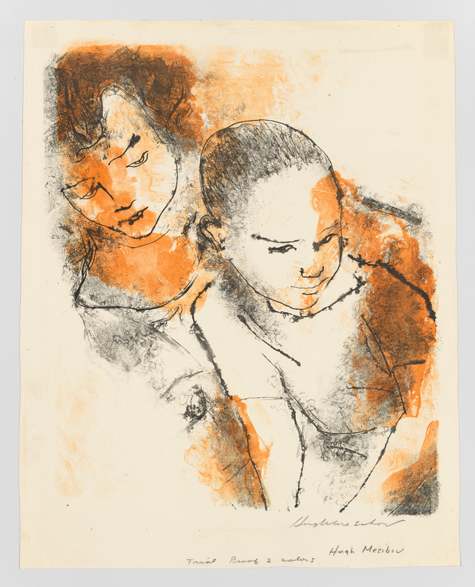 An expressive artwork featuring two sketched figures with prominent orange and black strokes on a cream-colored paper. The figure on the left appears contemplative with eyes closed, while the figure on the right, with a visible ear and closed eyes, seems serene. The artist's signature is at the bottom right, with additional text at the bottom left.