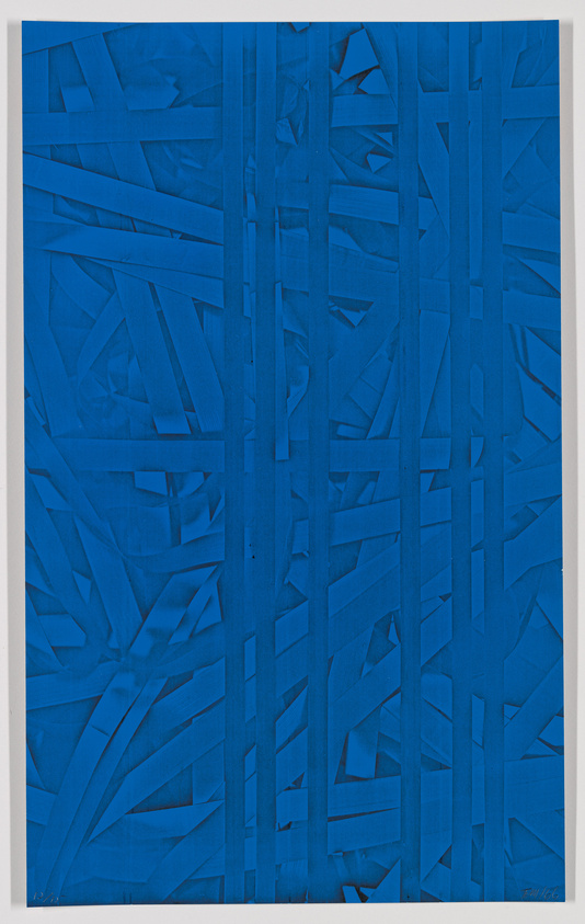 A vibrant blue abstract artwork featuring a dynamic arrangement of overlapping paper strips creating a textured, layered effect. The composition is monochromatic, with variations in the blue tones providing depth and visual interest. The artwork is signed and dated in the bottom corners.