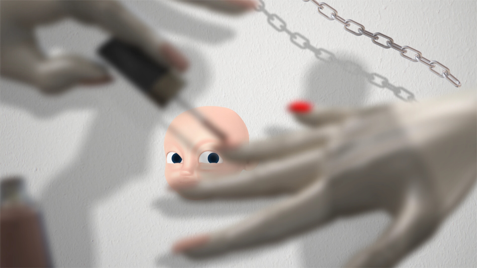 A surreal and blurred image showing a stylized human-like face with large eyes peeking out from a corner, with a hand holding a smartphone in the foreground and another hand reaching out with a chain, casting a shadow on the wall.