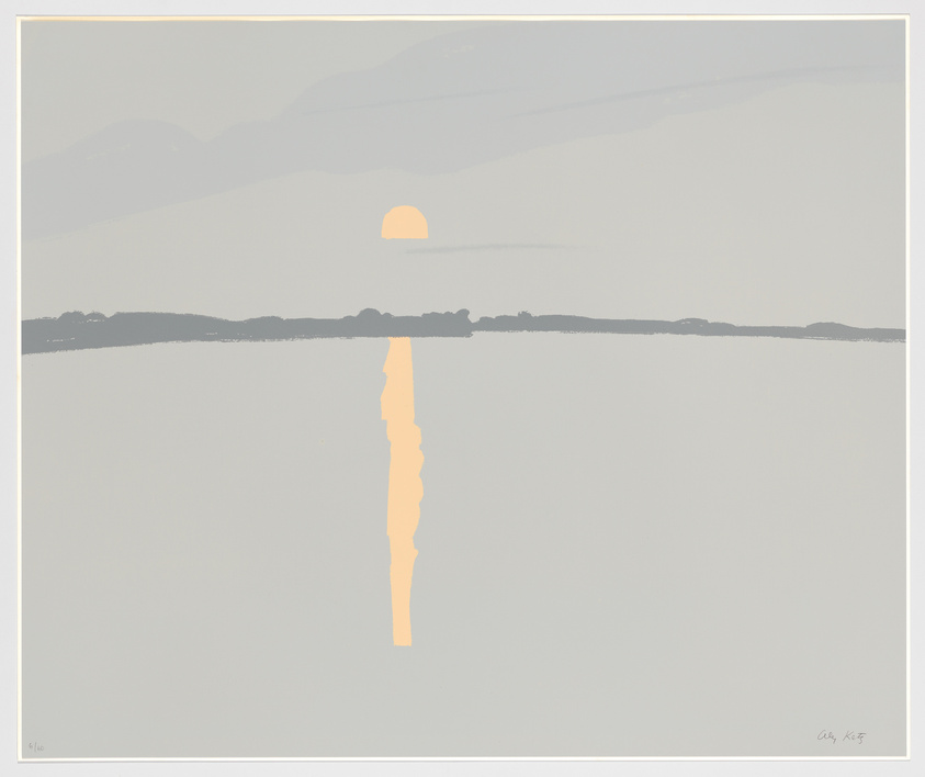 A minimalist landscape artwork featuring layered horizontal bands of muted colors representing the sky, with a dark band suggesting a distant treeline. A pale sun hangs low on the horizon, casting a long, narrow reflection across a body of water. The image has a calm, serene atmosphere and uses simple shapes and a limited color palette.