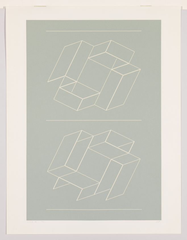 Two white geometric cube shapes with open sides are drawn on a light green background, one above the other.