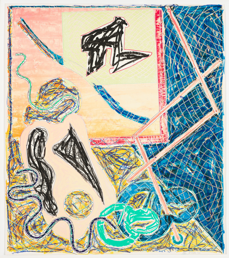 Abstract artwork with bold black shapes, colorful lines, and geometric patterns on a textured background.