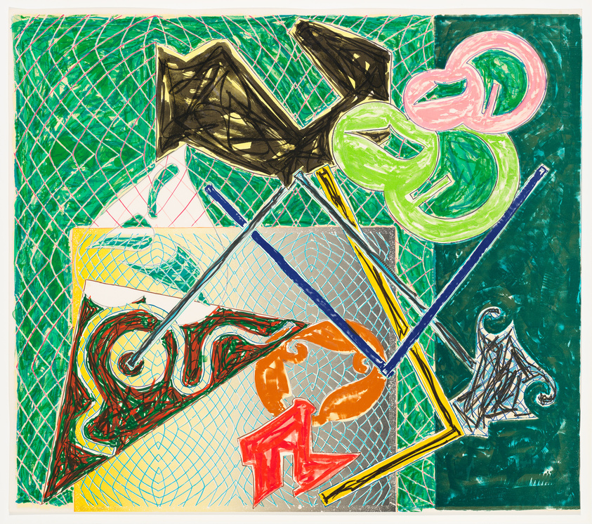 Abstract artwork with colorful shapes, lines, and patterns overlapping on a green and white grid background.