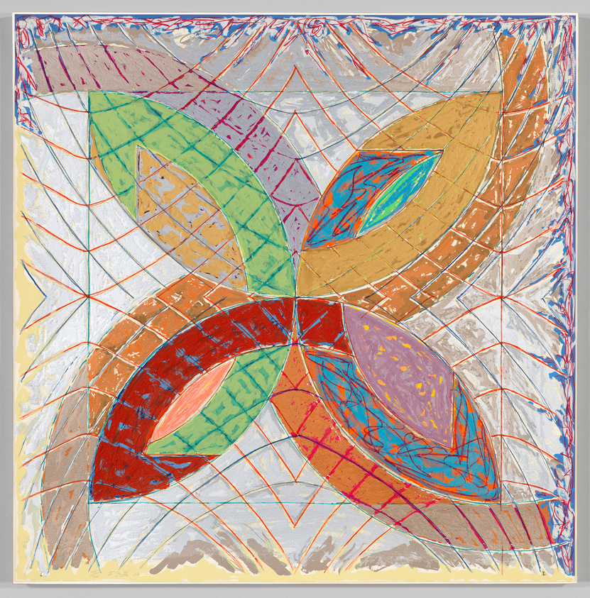 Abstract artwork with overlapping leaf shapes in green, orange, red, and purple, outlined by curved grid lines.