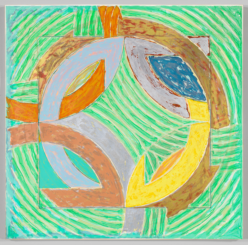 Abstract painting with curved shapes in yellow, brown, blue, and gray on a green striped background.