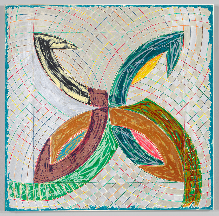 Colorful abstract shapes overlap on a grid background with curved lines in red, yellow, and green. No text.