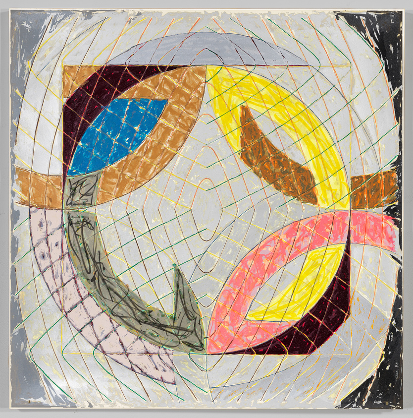 Abstract painting with overlapping colorful shapes, including yellow, blue, pink, and brown, covered by a wavy grid pattern.