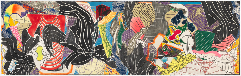 A vibrant and colorful abstract artwork featuring a collage of various patterns, shapes, and textures. The piece is a mix of organic and geometric forms with elements that resemble architectural structures, human figures, and natural landscapes, all intertwined in a dynamic composition. The use of bold lines and contrasting colors creates a visually stimulating image that is open to interpretation.