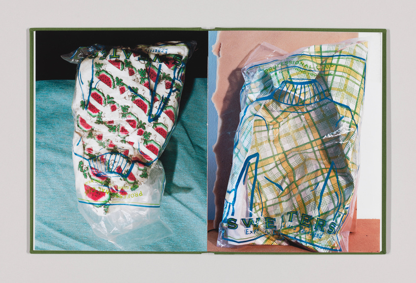 An open book with two plastic-wrapped textile items on each page, the left side showing a patterned fabric with red strawberries and green leaves, and the right side displaying a plaid fabric in a bag labeled "SWEATERS." The background of each page is a different color, with the left being blue and the right peach.