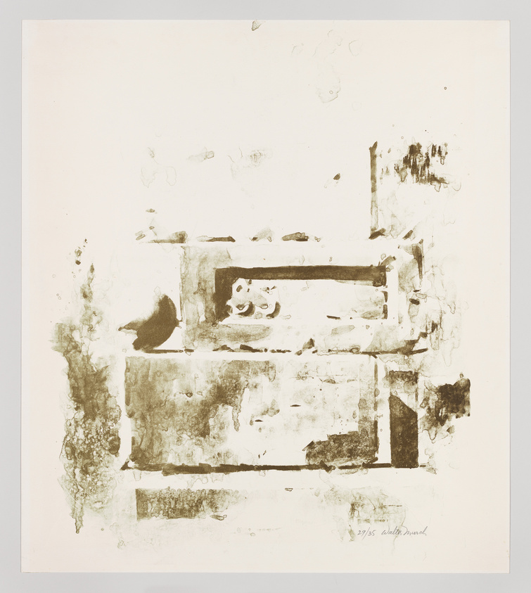 An abstract monochromatic print with various brown ink blotches and smudges on a cream-colored background, creating a loosely structured, layered composition. The artwork is numbered and signed at the bottom right.