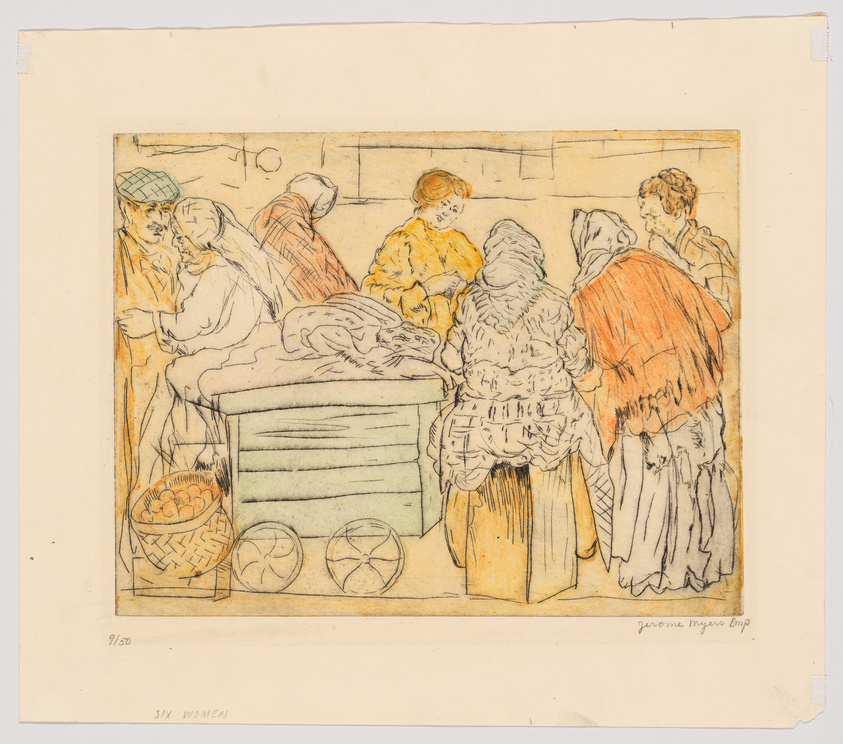 A colored sketch of a group of people, possibly at a market, with a focus on six women engaged in various activities. Some are facing away, looking at items on a counter, while others are interacting with each other. The scene has a rustic feel, with baskets and wheels visible at the bottom, suggesting a setting of trade or commerce. The artwork is signed at the bottom right and titled "SIX WOMEN" at the bottom left.