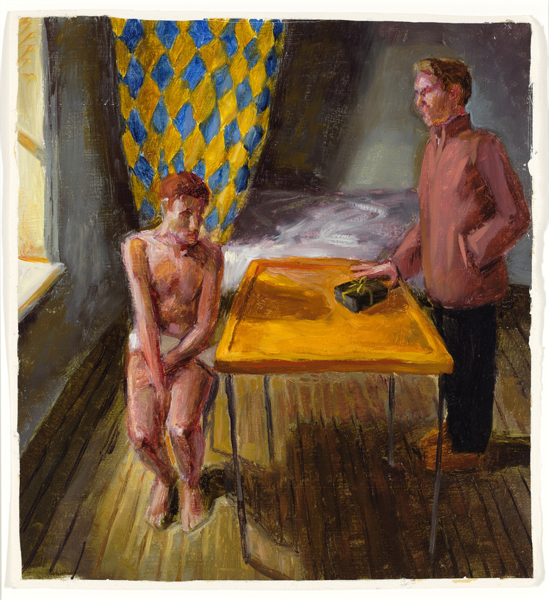 Painting of two figures, one seated nude, the other standing clothed, by a table with a patterned backdrop.