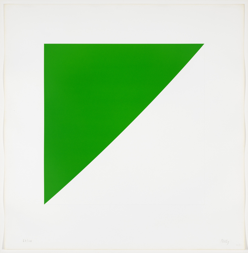 A graphic artwork featuring a large, solid green right-angled triangle centered on a white background with the artist's signature and a number at the bottom right corner.