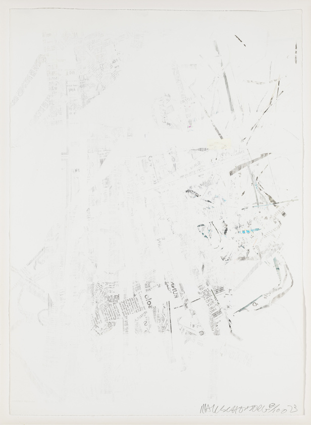 A predominantly white abstract artwork featuring faint, overlapping newspaper clippings and text fragments arranged in a chaotic manner, with some areas more densely layered than others. The piece has a textured appearance with subtle variations in the white background, and there are handwritten inscriptions at the bottom.