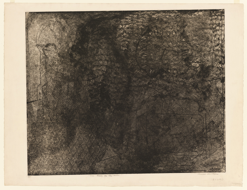 A detailed etching with intricate, overlapping lines and textures creating an abstract composition. The artwork is predominantly in dark tones, suggesting depth and complexity. There is handwriting at the bottom, indicating the title and possibly the artist's signature and edition number. The paper shows signs of age with its off-white color and slightly frayed edges.