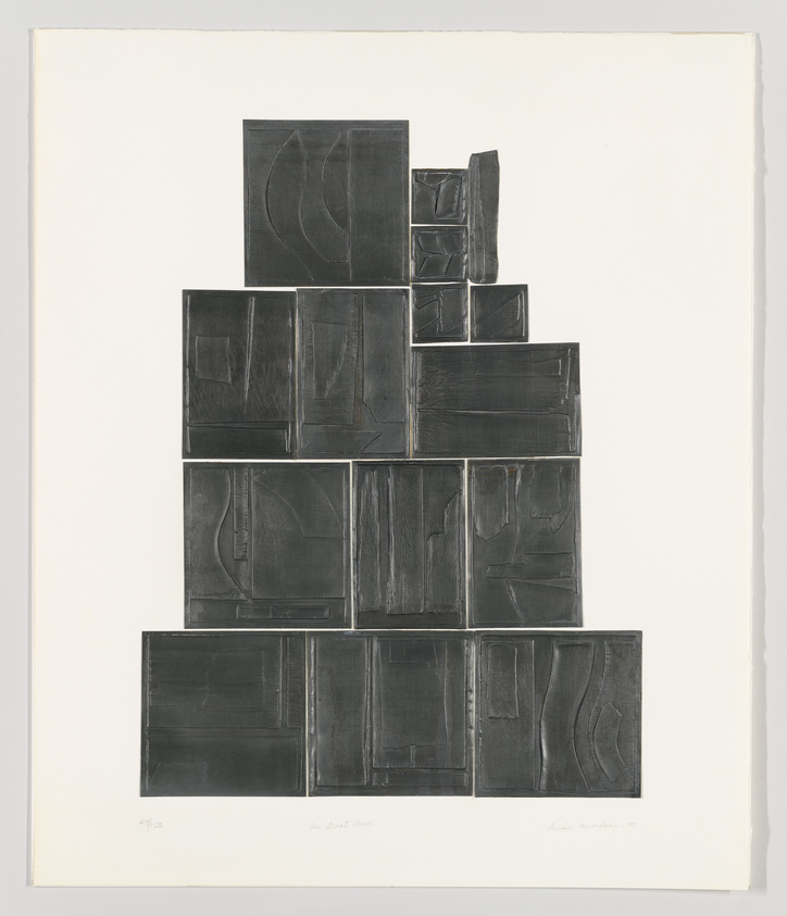 A black and white abstract print featuring a composition of various rectangular shapes stacked in a manner reminiscent of building blocks. Some rectangles contain curved lines or additional geometric shapes, creating a sense of depth and texture. The artwork is numbered and signed at the bottom, indicating it's part of a limited series.