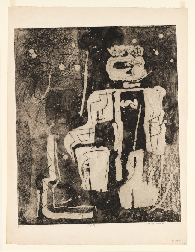 An abstract black and white etching featuring a variety of shapes and textures that could be interpreted as figures or symbols. The composition is dominated by dark areas with lighter, almost ghostly forms and lines creating a sense of depth and movement. The artwork is signed by the artist at the bottom.