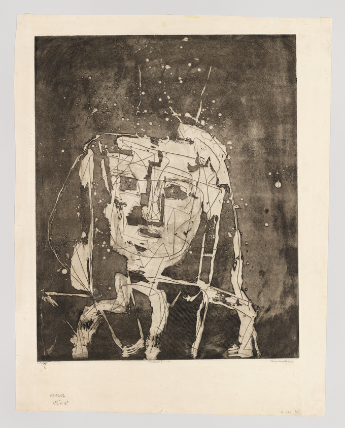 An abstract etching with a dark background and a lighter, chaotic depiction of a fragmented face or figure in the foreground. The artwork features splattered and dripped ink details, creating a dynamic and textured appearance. There is handwriting at the bottom left corner, possibly indicating the artist's signature and edition number.