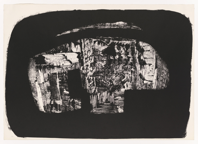 A black and white abstract print featuring a large, dark shape with textured white and black areas that create a sense of depth and movement within the form. The edges of the shape are rough and uneven, and the background is solid black, contrasting with the white border of the paper.