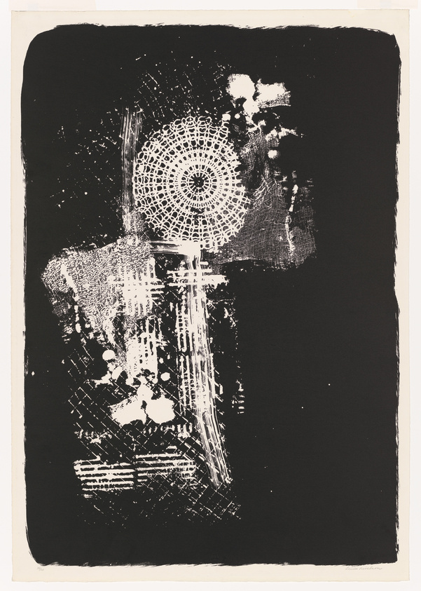 A high-contrast black and white abstract print featuring a central circular pattern resembling a doily or mandala, surrounded by textured brushstrokes and splotches. The edges of the print are irregular, with a thick black border framing the artwork. There is text at the bottom, but it is not clearly legible.