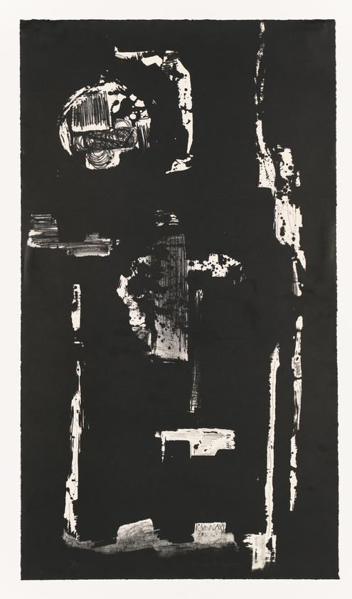 A black and white abstract print featuring bold, irregular shapes and brushstrokes with a textured appearance. The composition is dominated by dark areas with contrasting white highlights that create a sense of depth and movement. The artist's signature is visible at the bottom right corner.