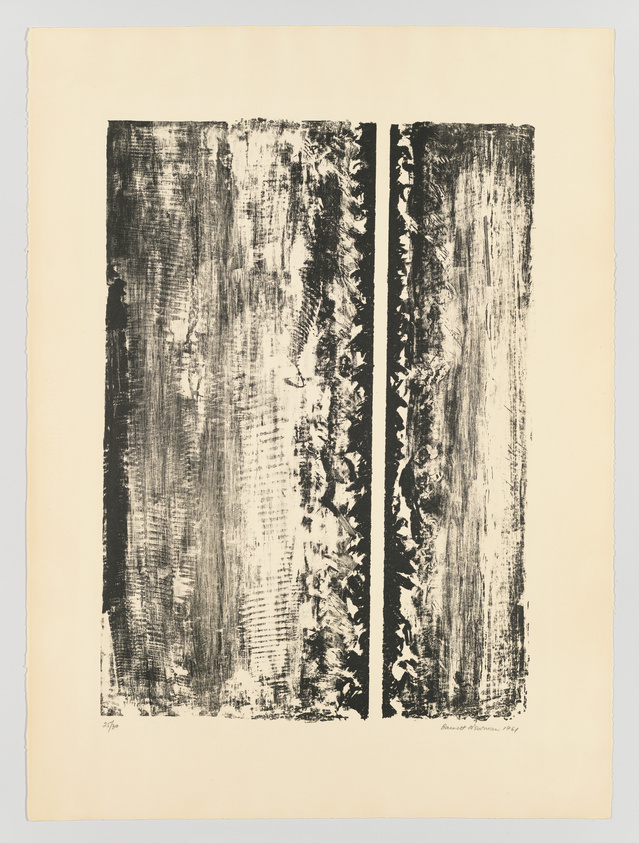 A print featuring two vertical, textured black columns on a cream-colored background. The columns are filled with abstract, rough brushstrokes, giving them a distressed appearance. There is a clear gap between the columns, and the artwork is signed and dated at the bottom right.