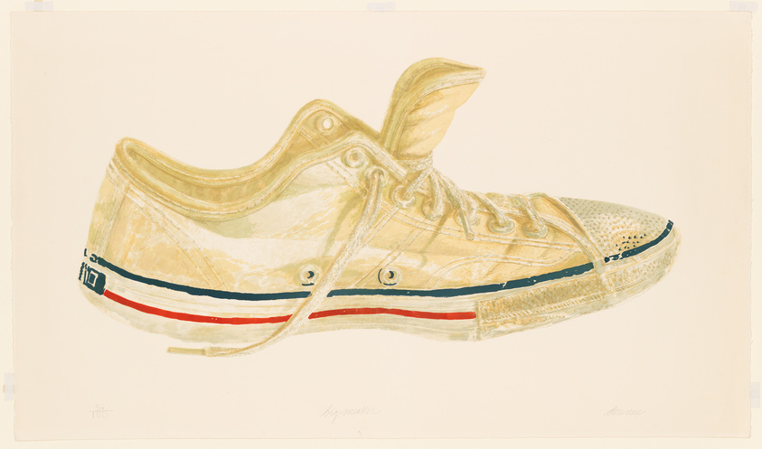 Illustration of a worn-out sneaker with untied laces, featuring a white background. The shoe has visible creases and discoloration, indicating heavy use, and is adorned with a red and blue stripe along the sole.