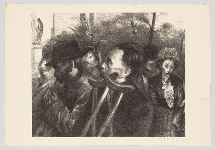 This is a black and white etching depicting a group of people in what appears to be a crowded public setting. In the foreground, a man with a beard and a hat is turned to his left, looking at another man who is in profile and also wearing a hat. Behind them, a woman with an elaborate hairstyle and a flower pinned to her attire looks out toward the viewer. The background features faint outlines of trees and a statue, suggesting an outdoor environment. The artwork has a sketch-like quality with expressive lines and shading, conveying a sense of movement and bustle.