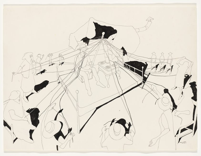 Sketch of people gathered around a table with lines connecting them, suggesting social or conversational links.