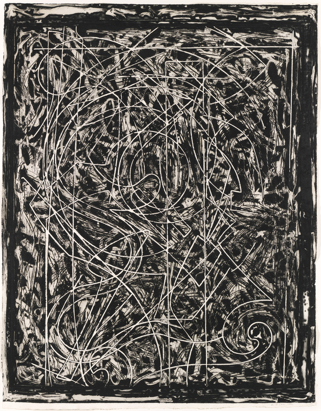 Abstract black and white etching with dense, chaotic lines and swirls creating a textured appearance.