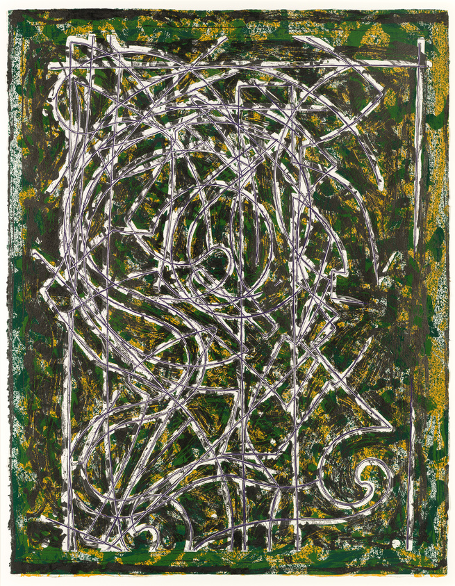 Abstract painting with chaotic white lines on a green and yellow textured background.