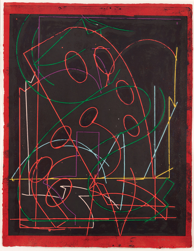 Abstract artwork featuring a chaotic arrangement of colorful lines and shapes on a black background, bordered by a red frame. The lines, in colors such as green, red, yellow, and purple, intersect and overlap in a seemingly random fashion, creating a sense of movement and energy.