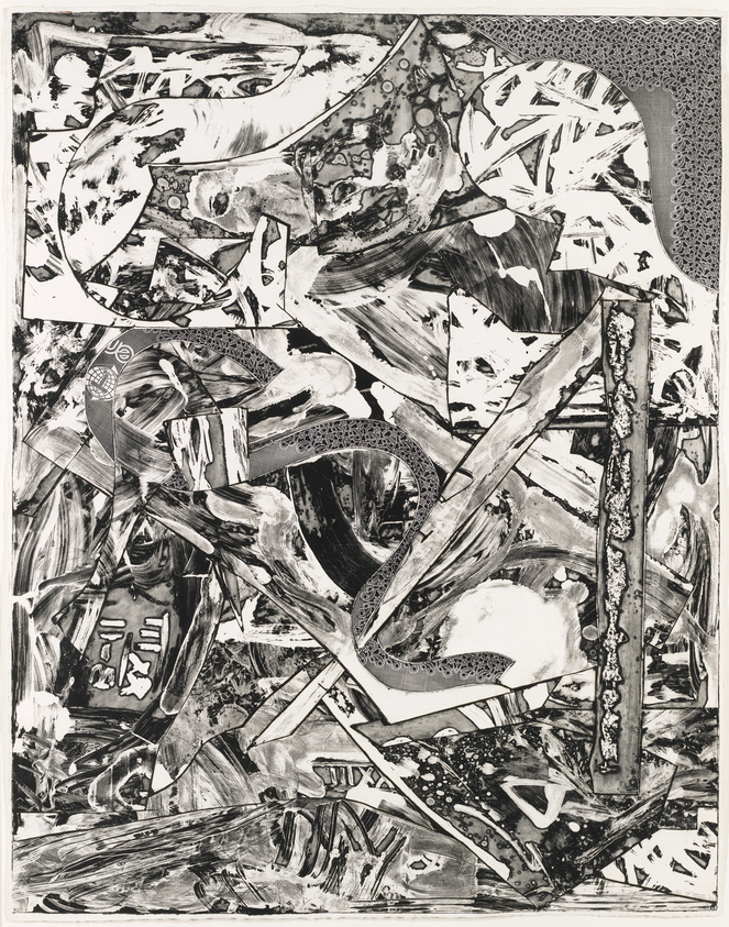 Monochrome abstract painting with dynamic shapes and patterns, resembling a chaotic collage.